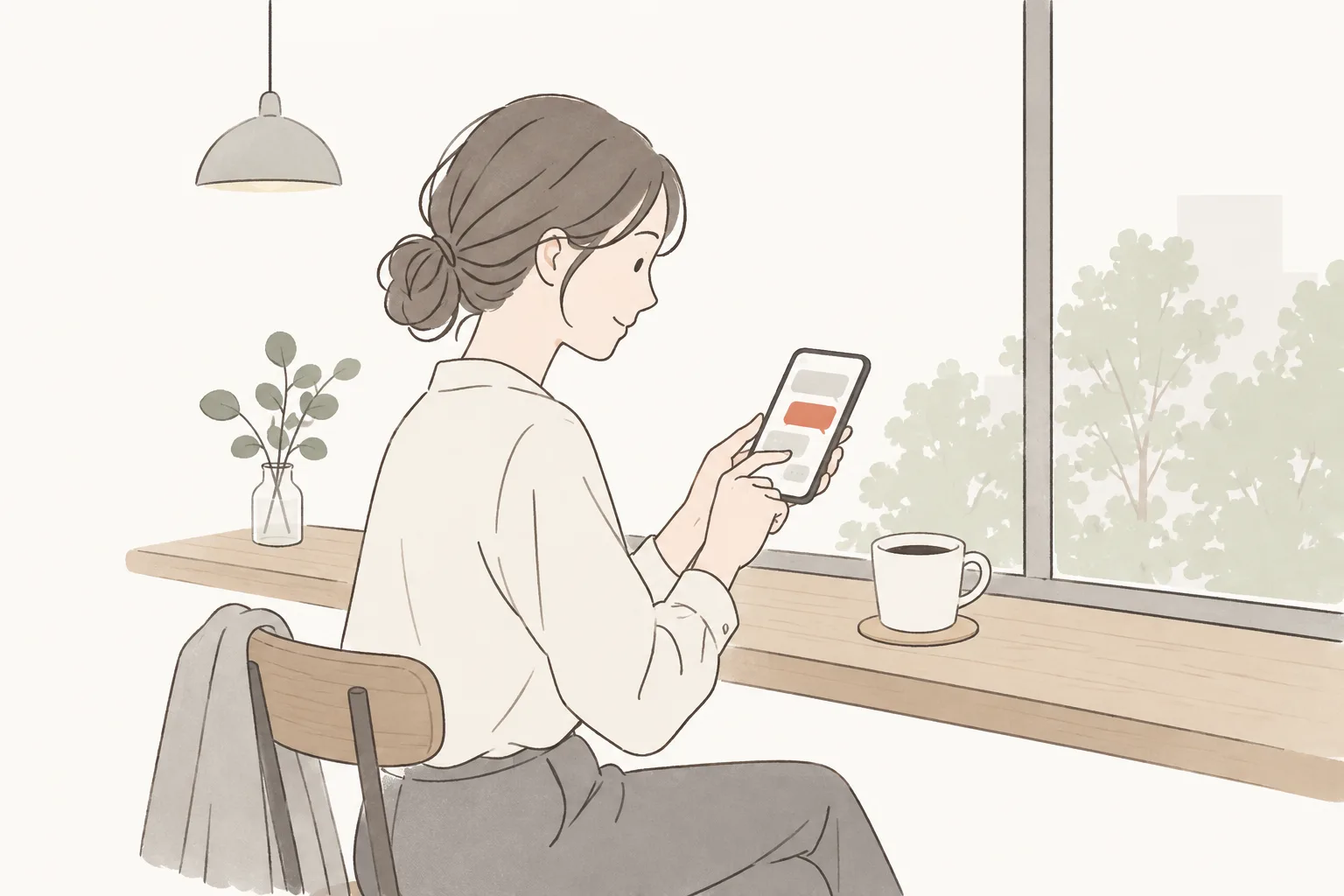カフェのカウンター席で、スマートフォンに質問を打ち込んでいる人のイラスト