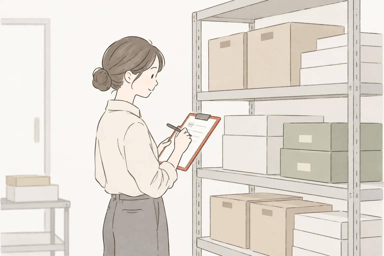 棚の前でクリップボードに数を書き留めている人のイラスト