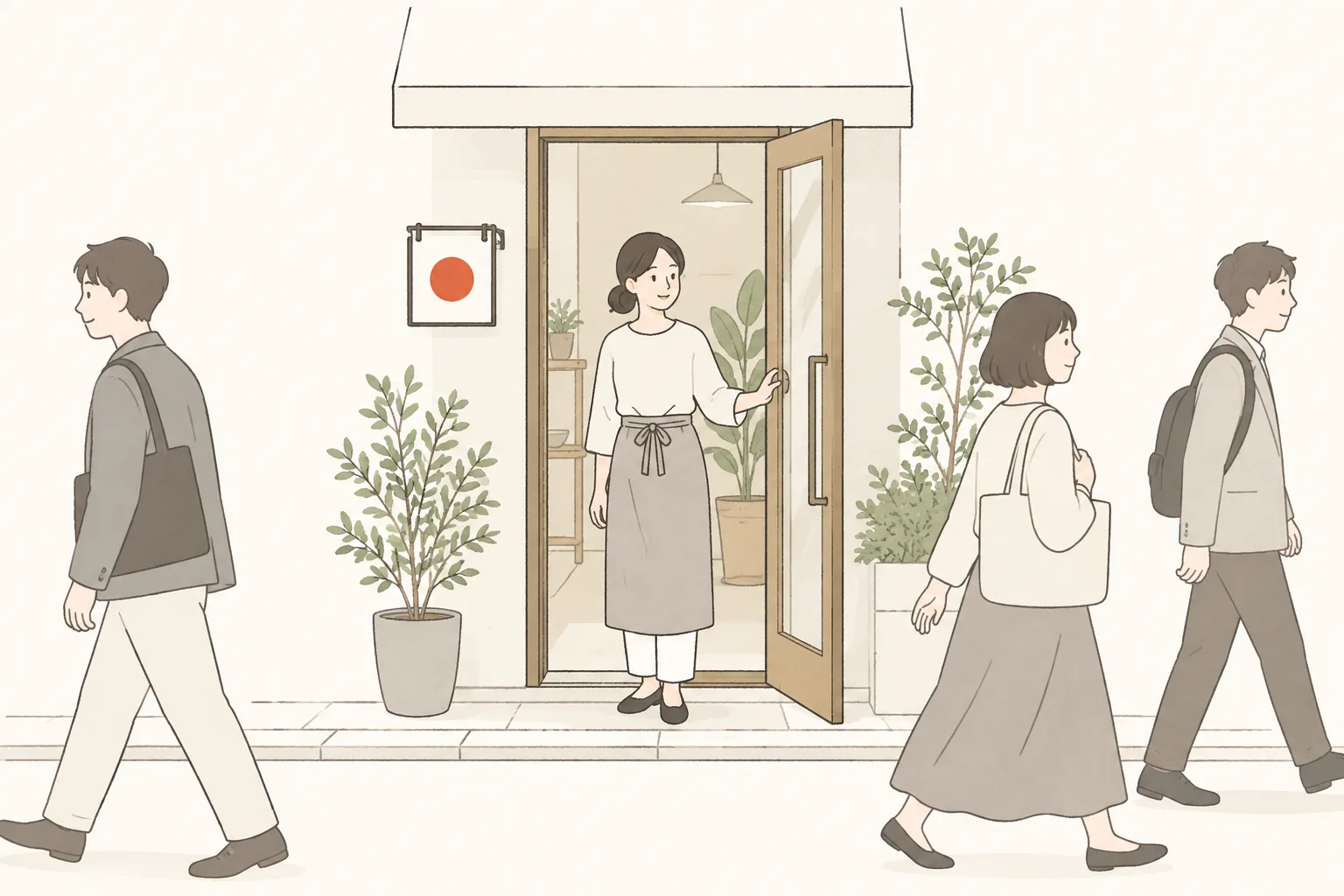 店の入口に立って扉を開け、通りを歩く人たちのほうを見ている人のイラスト