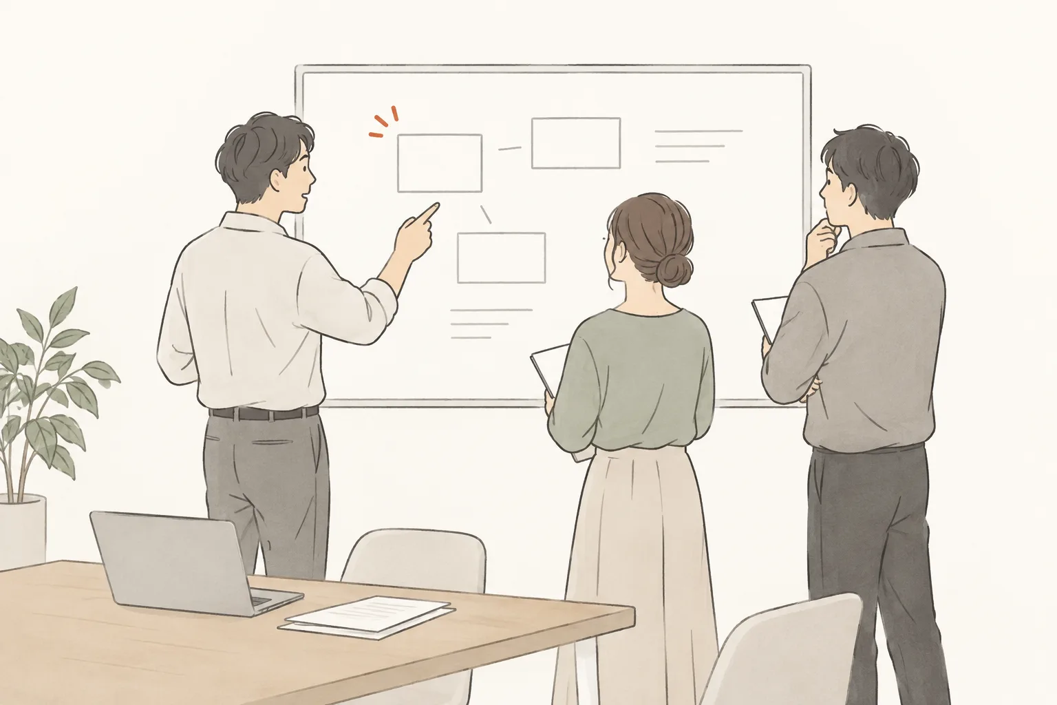 ホワイトボードの図を指しながら 3 人で打ち合わせをしているイラスト