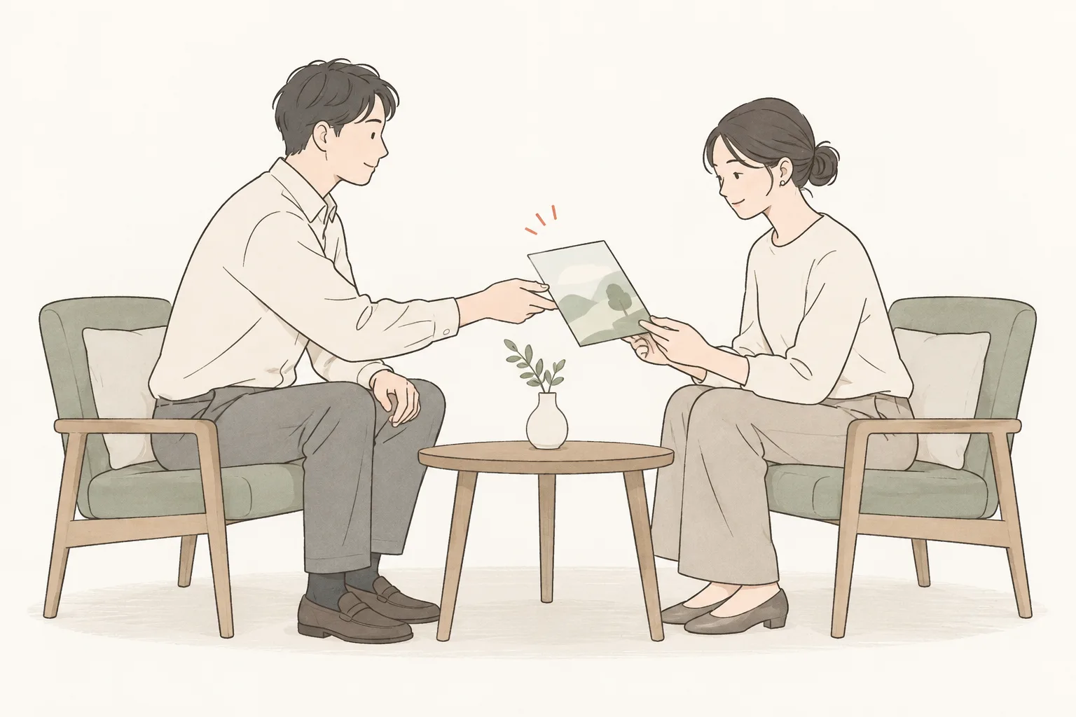 向かい合って座り、会社案内の冊子を手渡している 2 人のイラスト
