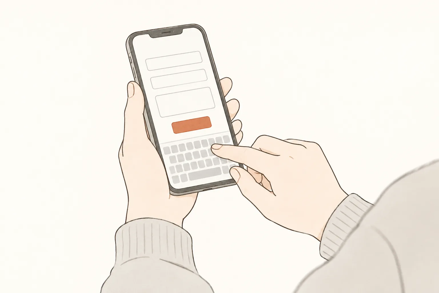 スマートフォンを手に持ち、問い合わせフォームに入力している手元のイラスト