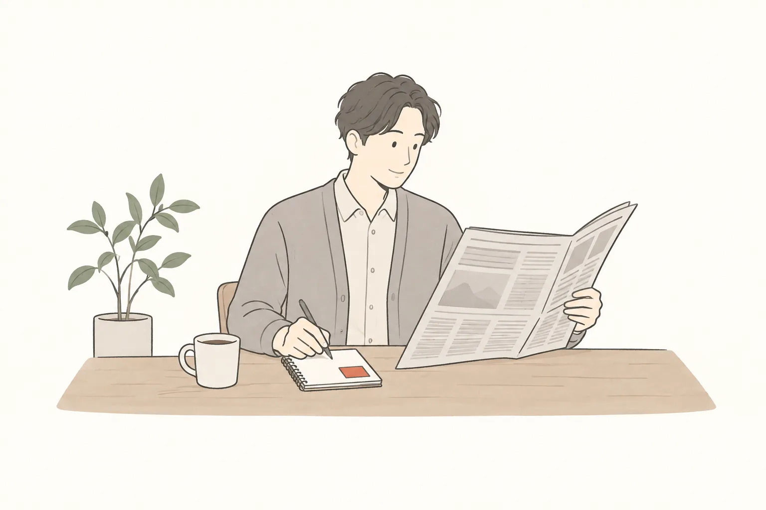 朝の机で新聞を読みながら、手元のメモに書き留めている人のイラスト