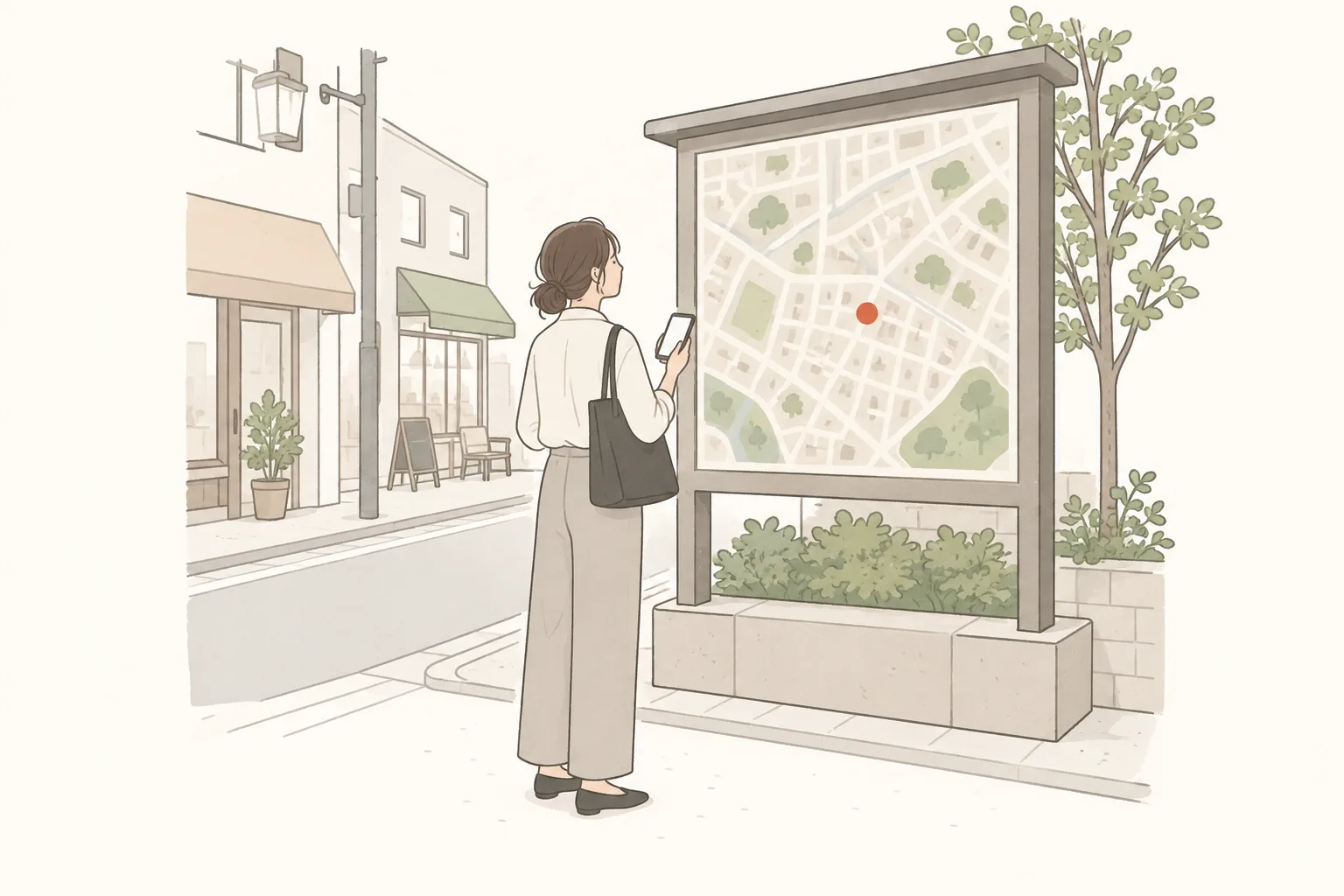 街角の案内地図の前で、スマートフォンを手に地図を見上げている人のイラスト