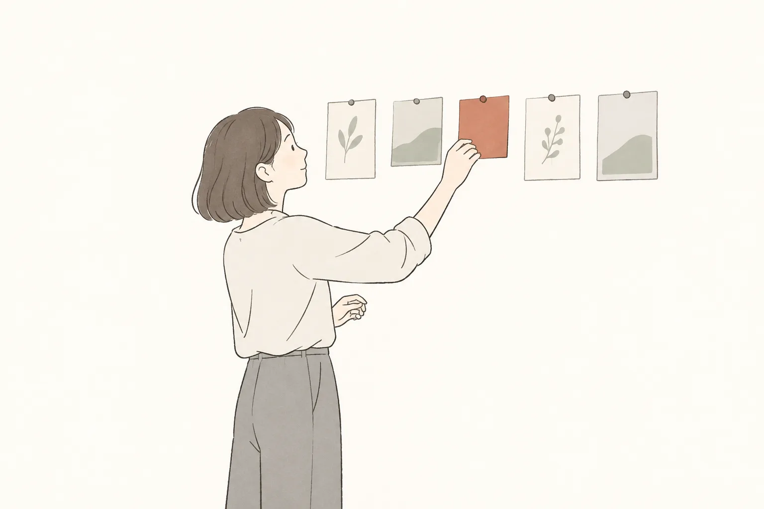 壁に順番に貼った紙の前に立ち、1 枚を並べ直している人のイラスト