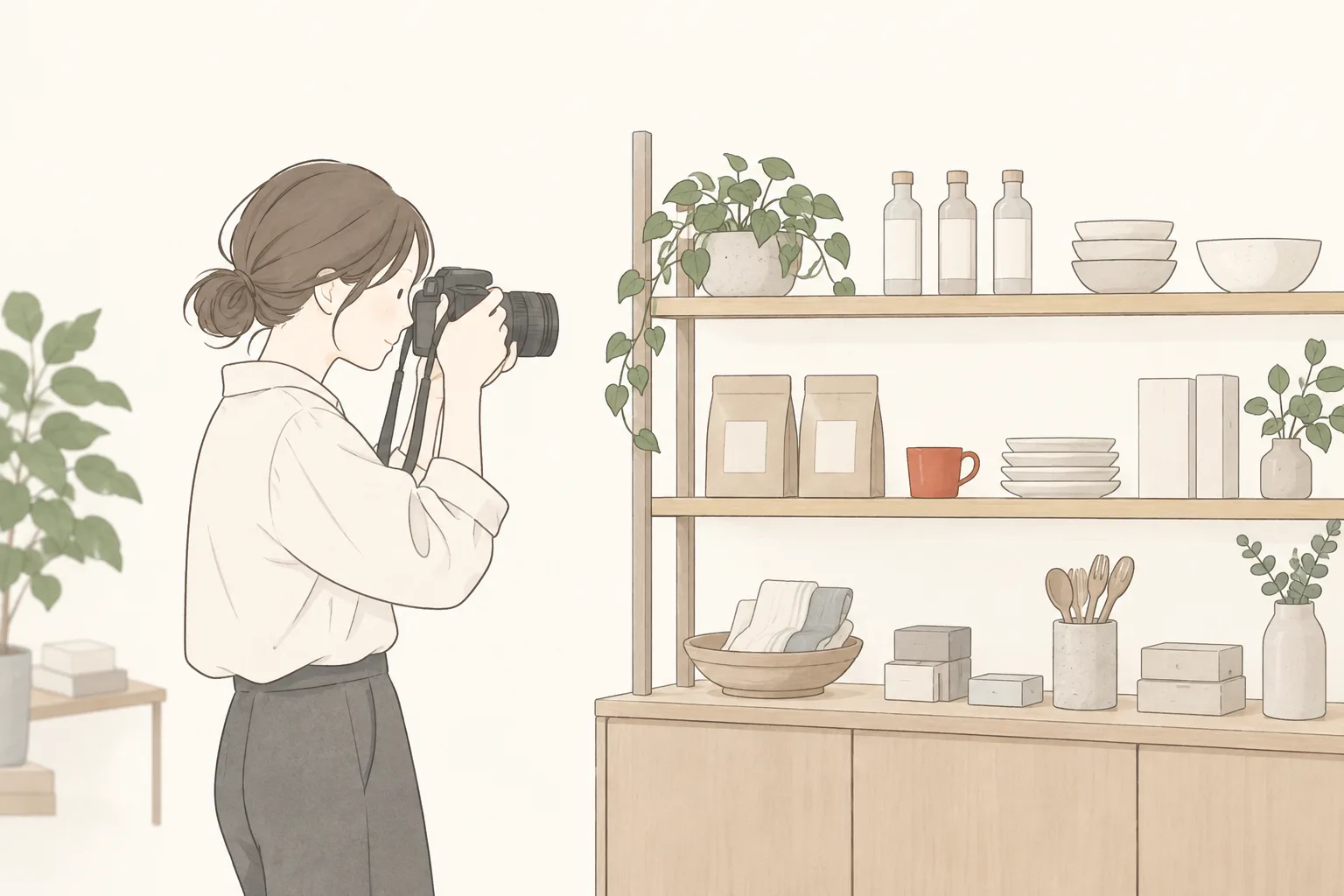 店内の棚に並んだ商品をカメラで撮影している人のイラスト