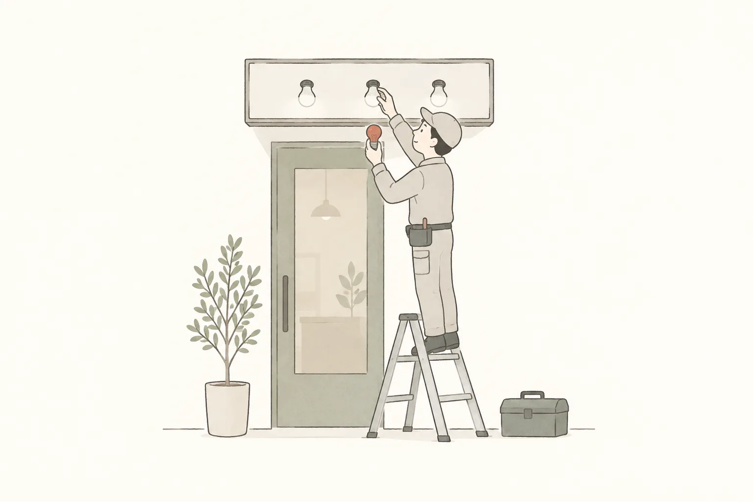 脚立に乗って、店の看板の電球を 1 つ交換している作業着の人のイラスト