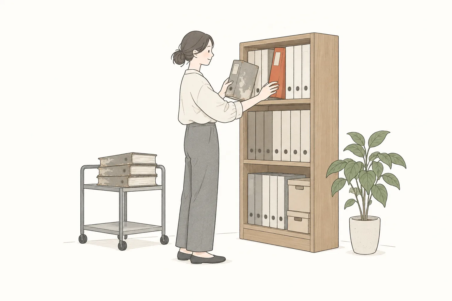 本棚の古いファイルを、新しい版に差し替えている人のイラスト