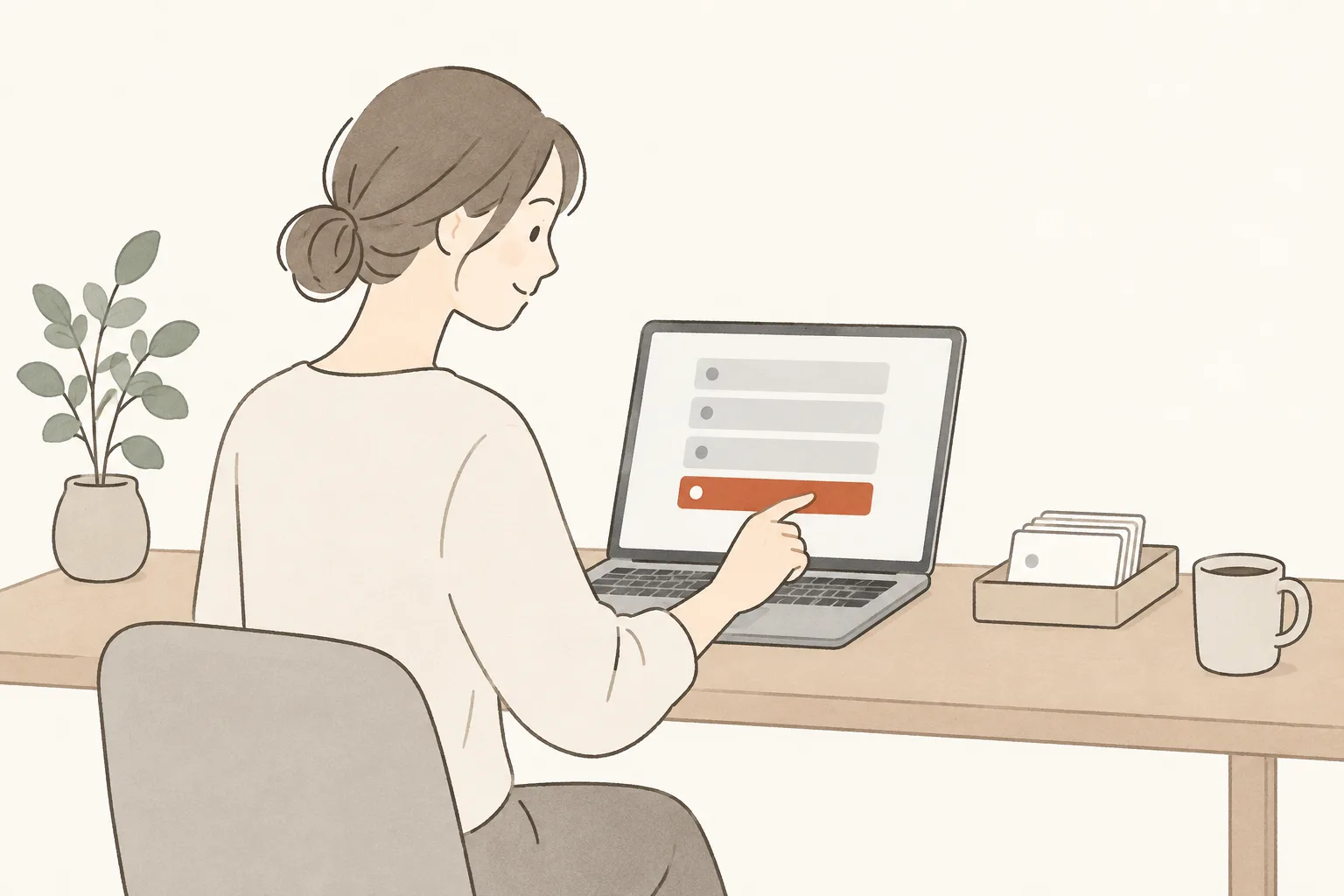 机の上でノートパソコンを開き、増えていくお知らせの一覧に 1 件を足しているイラスト