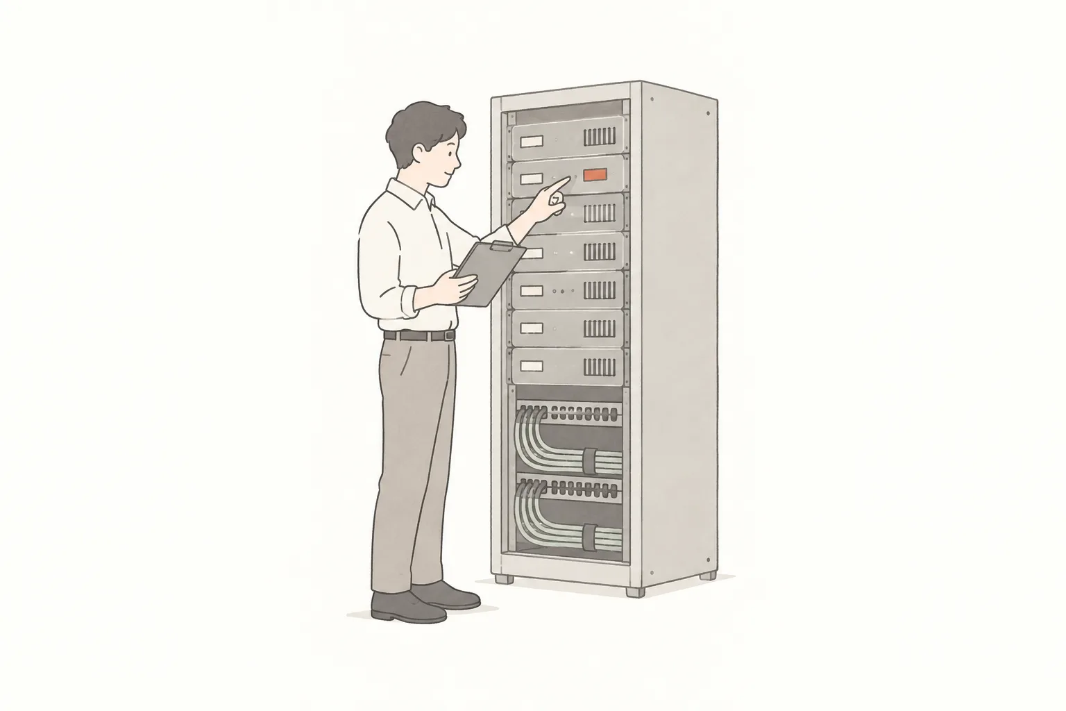 サーバーのラックの前で、機器のラベルを確かめている人のイラスト