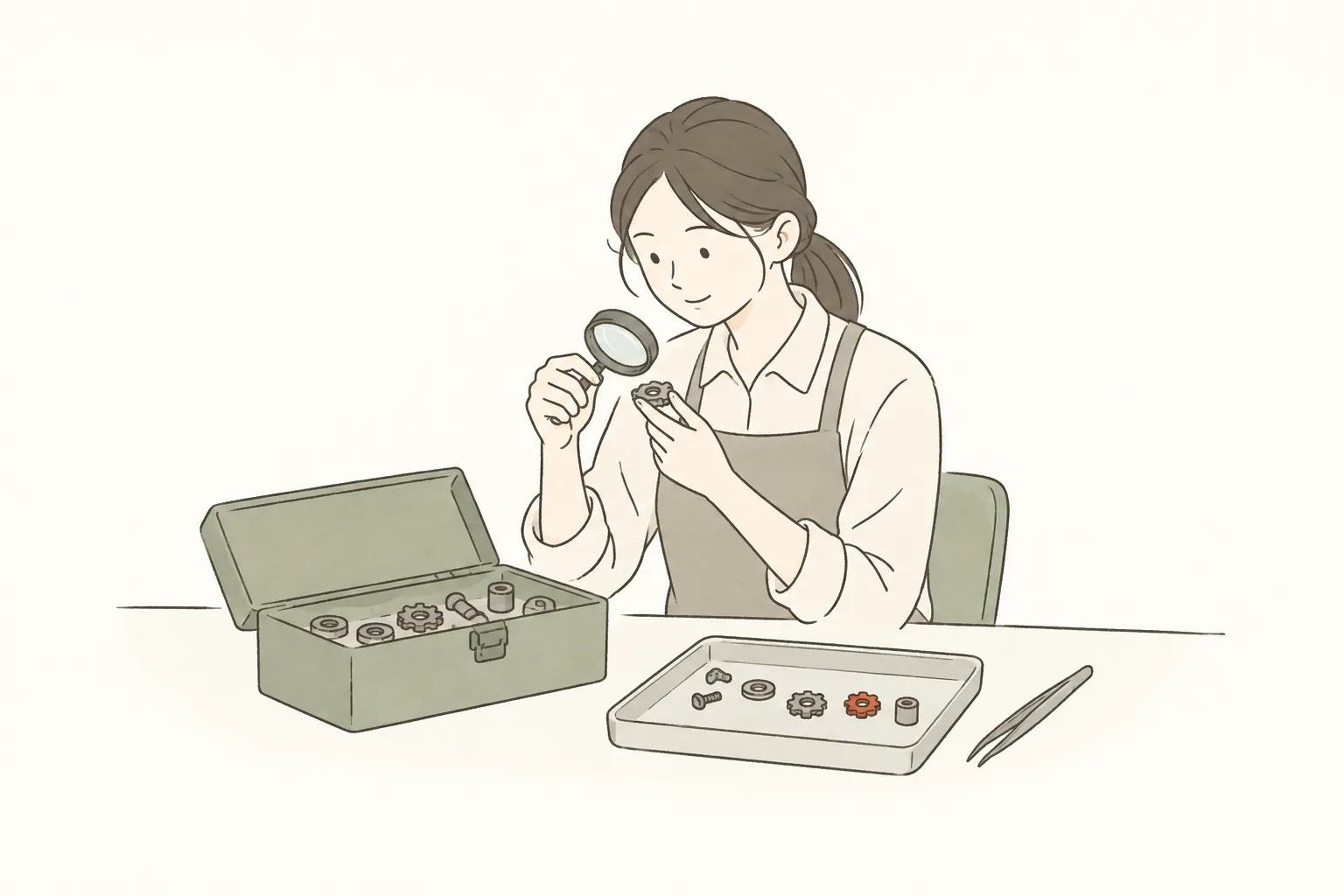 作業台で、工具箱の部品をルーペで 1 つずつ点検している人のイラスト