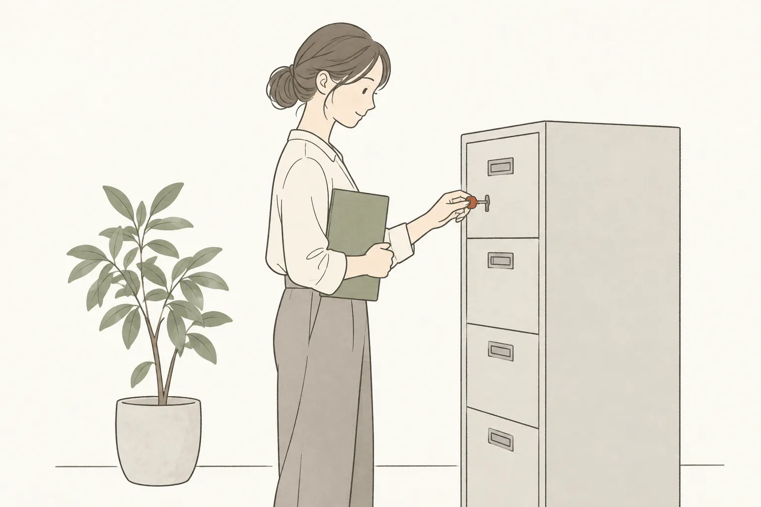 書類をしまったキャビネットに鍵をかけている人のイラスト
