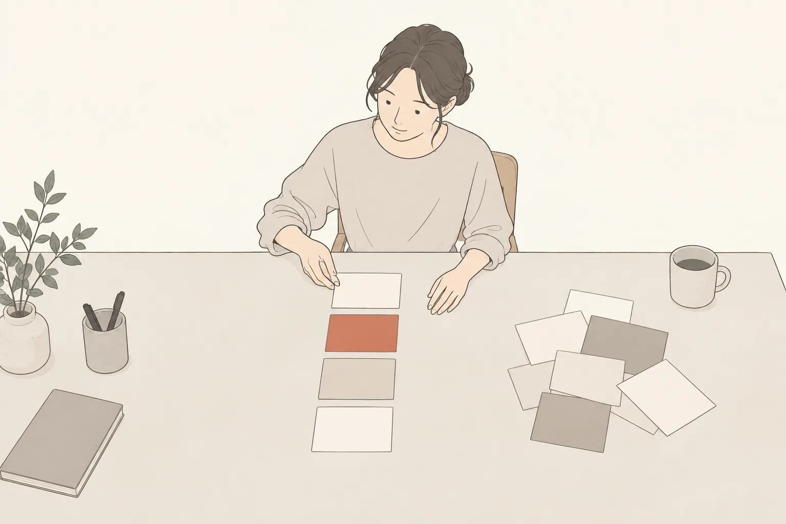 散らばったページの案から、決めるべき 4 枚を 1 列に並べ直しているイラスト