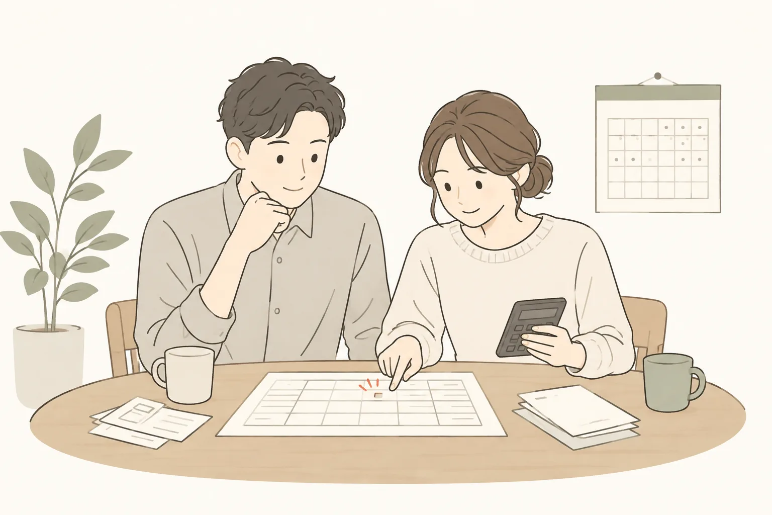 テーブルに並んで座り、年間の支払いの表と電卓で費用を確かめている 2 人のイラスト