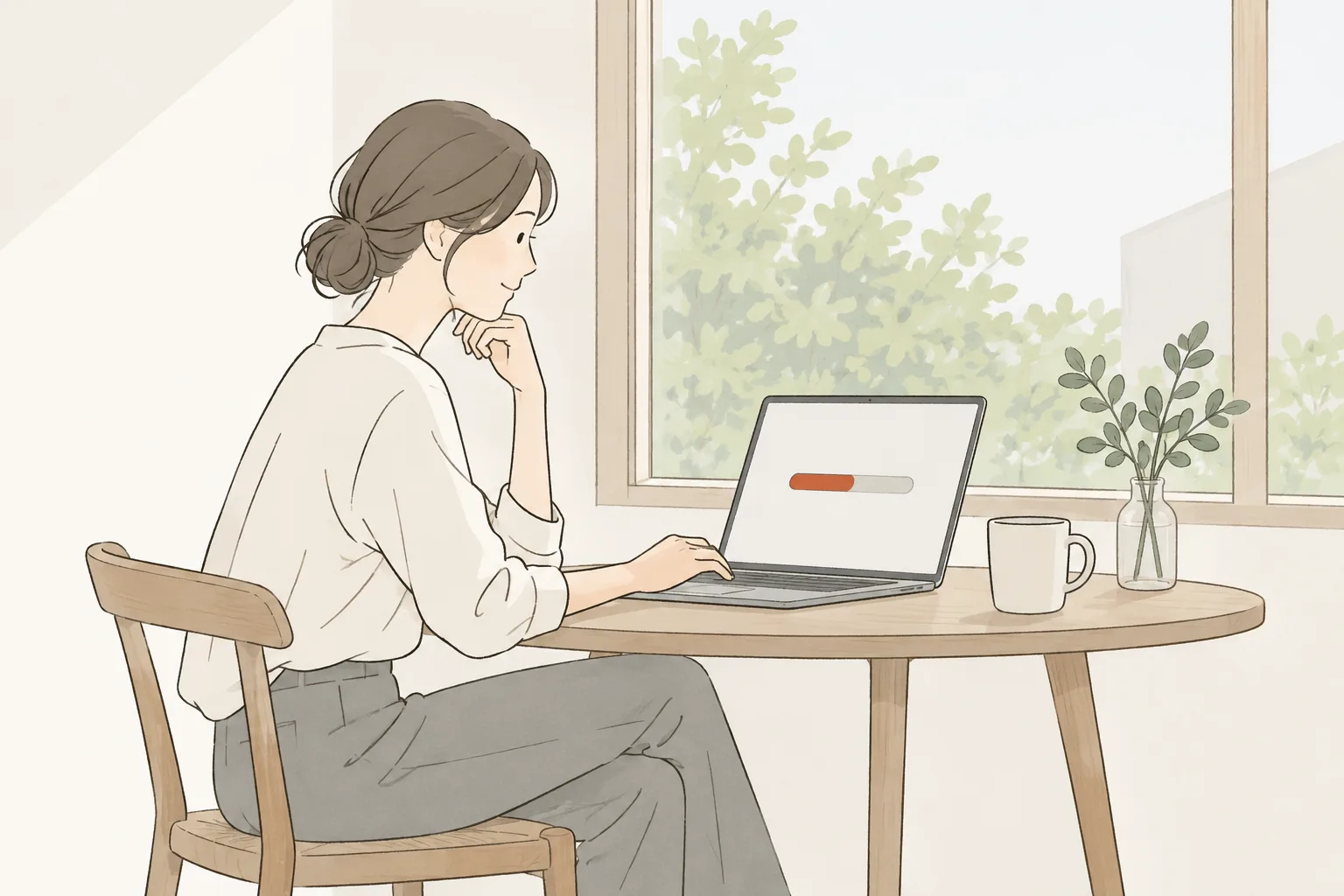 窓際の席でノートパソコンの更新の進み具合を見ている人のイラスト