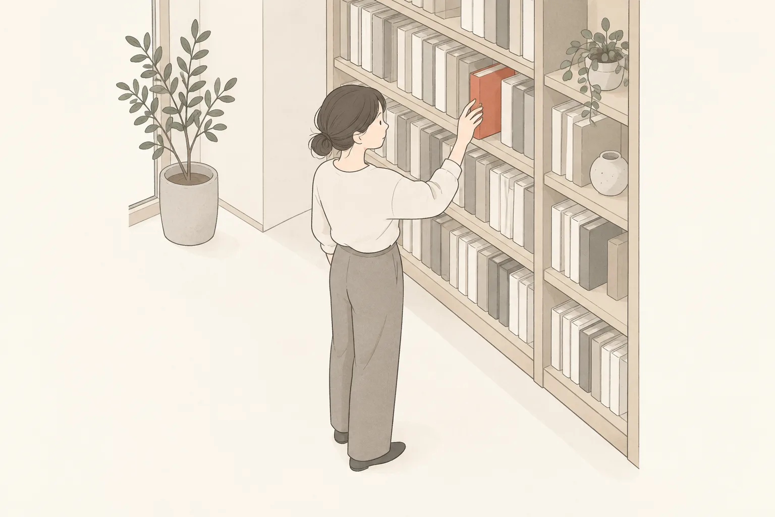 話題ごとに並んだ本棚から、目当ての 1 冊を取り出している人のイラスト