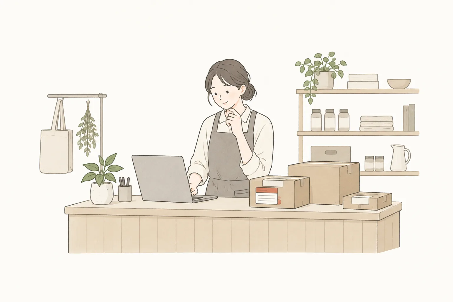 小さな雑貨店のカウンターで、ノートパソコンの注文画面を確かめている店主のイラスト