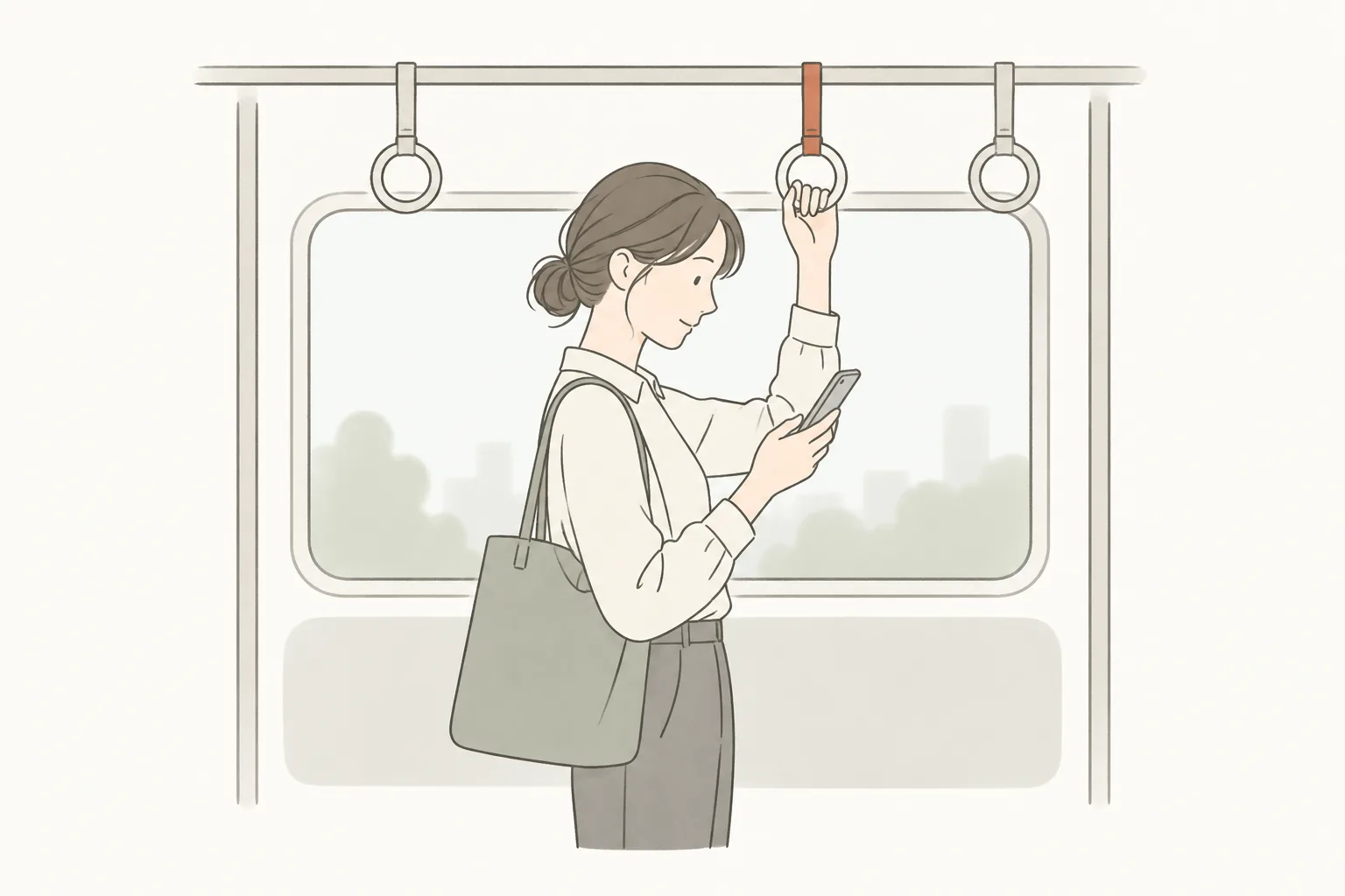 電車でつり革を持ちながら、スマートフォンでホームページを見ている人のイラスト