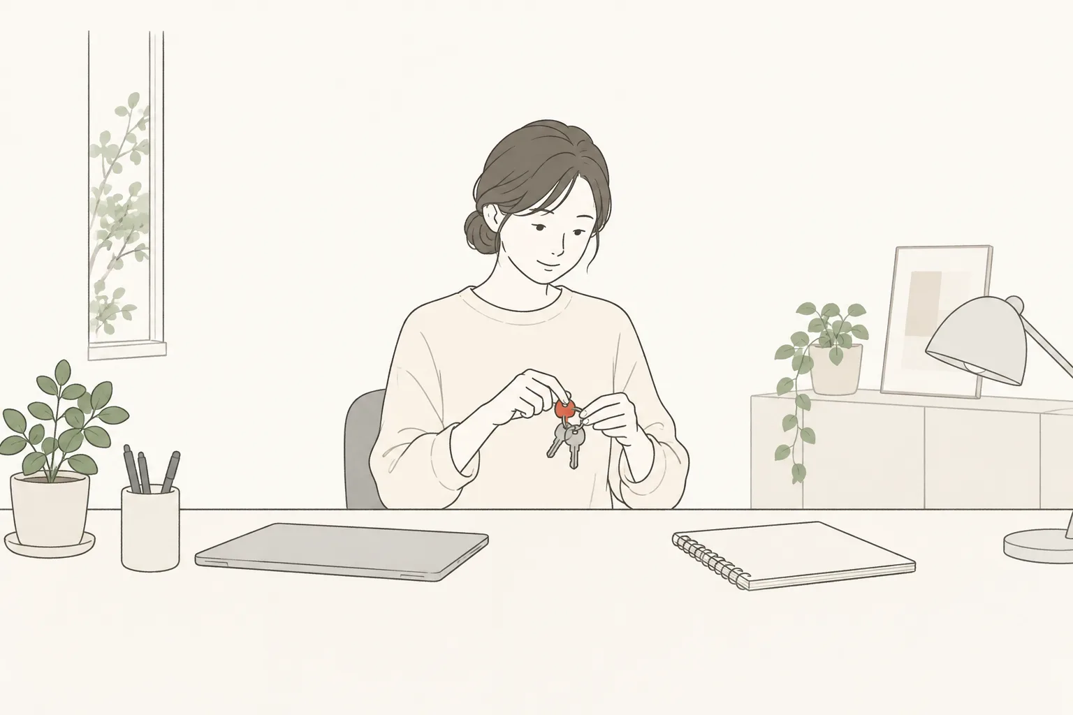 机に向かって、キーリングの鍵を付け替えている人のイラスト