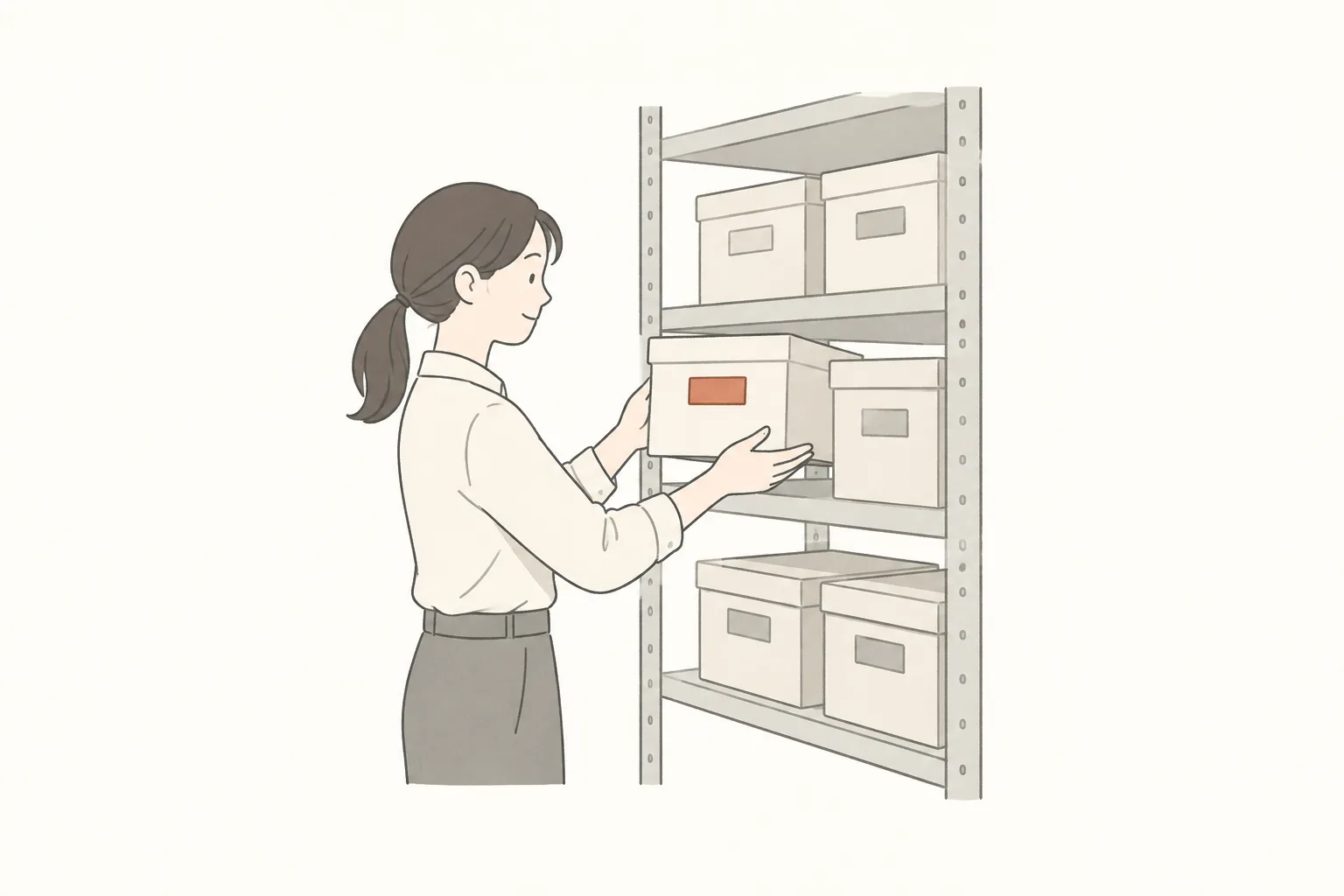 書類の控えを入れた箱を、棚に並べてしまっている人のイラスト