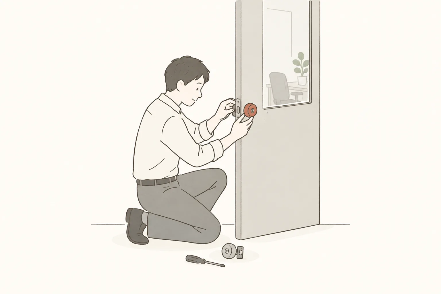事務所の扉の錠前を、新しいものに取り替えている人のイラスト